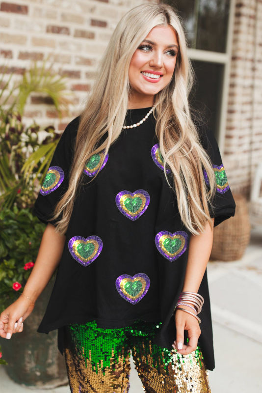 Black Sequin Mardi Gras Heart Patched Oversized T Shirt