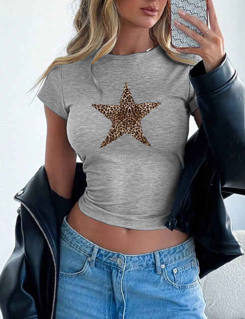 Leopard Star Print Short Sleeve Slim Tops in Grey