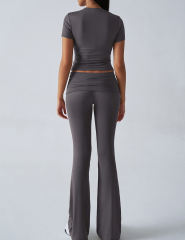 Dark Grey Slim Short Sleeve Top and Pleated Waist Pants Set
