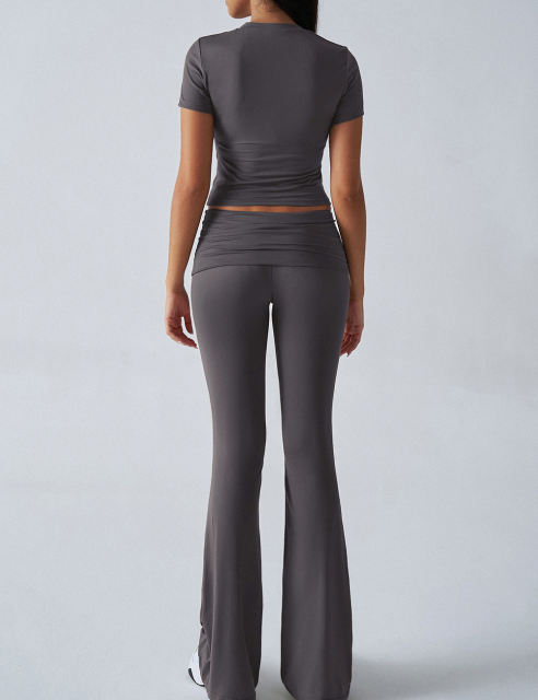 Dark Grey Slim Short Sleeve Top and Pleated Waist Pants Set