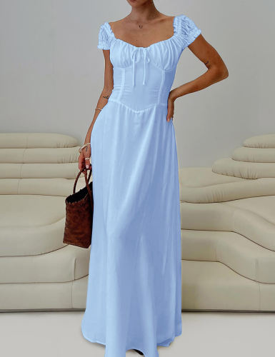 Light Blue Solid Ruffled Detail Pleated Frenchy Maxi Dress