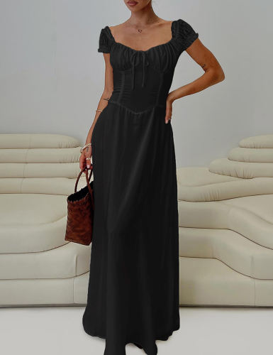 Black Solid Ruffled Detail Pleated Frenchy Maxi Dress