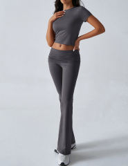 Dark Grey Slim Short Sleeve Top and Pleated Waist Pants Set