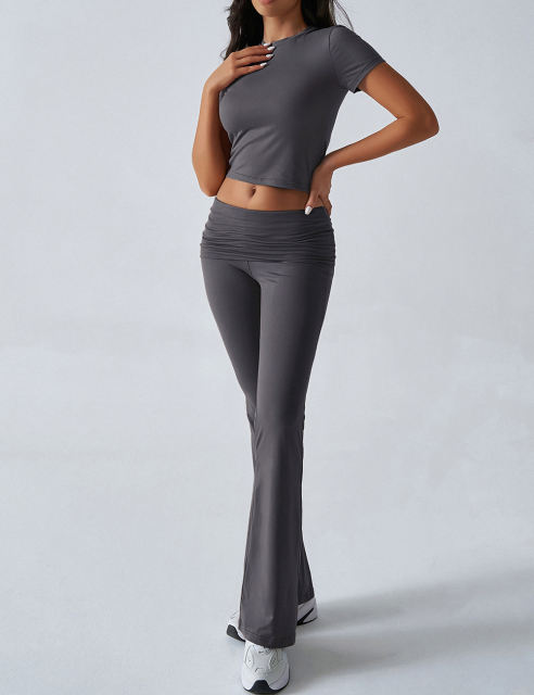 Dark Grey Slim Short Sleeve Top and Pleated Waist Pants Set
