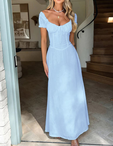 Light Blue Solid Ruffled Detail Pleated Frenchy Maxi Dress