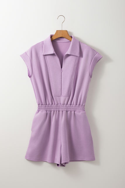 Orchid Bouquet Short Sleeve Zipper Collared Elastic High Waist Romper
