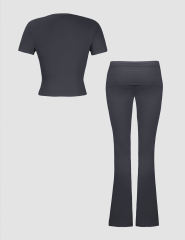 Dark Grey Slim Short Sleeve Top and Pleated Waist Pants Set