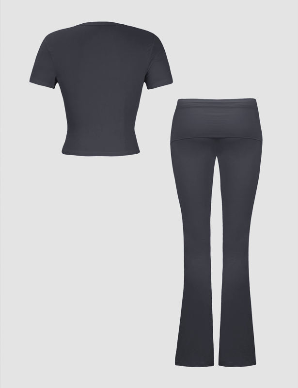 Dark Grey Slim Short Sleeve Top and Pleated Waist Pants Set