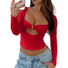 Red Cut-out Slim Fit Long Sleeve Crop Top