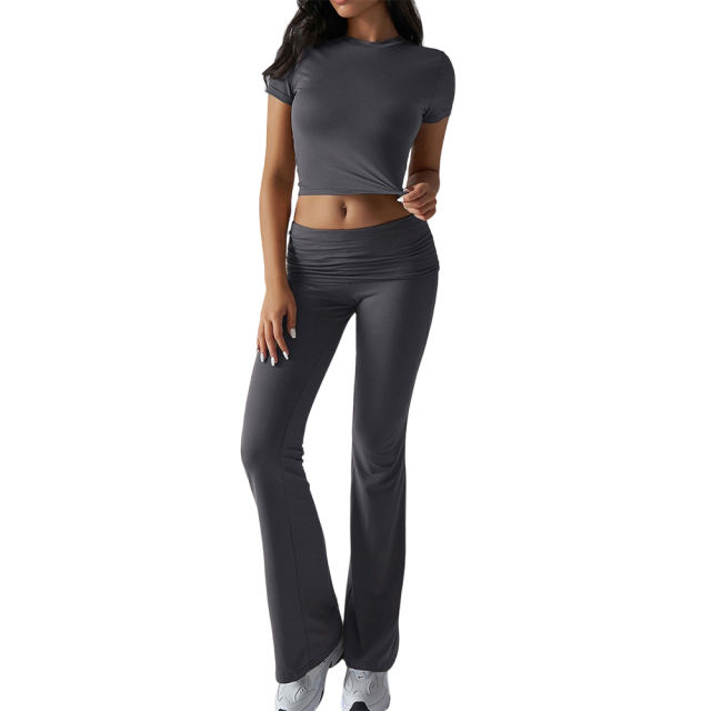 Dark Grey Slim Short Sleeve Top and Pleated Waist Pants Set