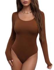 Brown U Neck Long Sleeve Bodysuit TQD00106-17