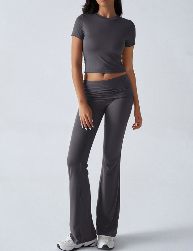Dark Grey Slim Short Sleeve Top and Pleated Waist Pants Set