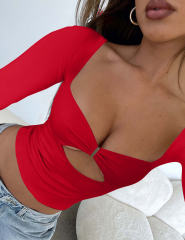 Red Cut-out Slim Fit Long Sleeve Crop Top
