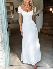White Solid Ruffled Detail Pleated Frenchy Maxi Dress