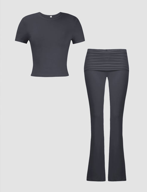 Dark Grey Slim Short Sleeve Top and Pleated Waist Pants Set