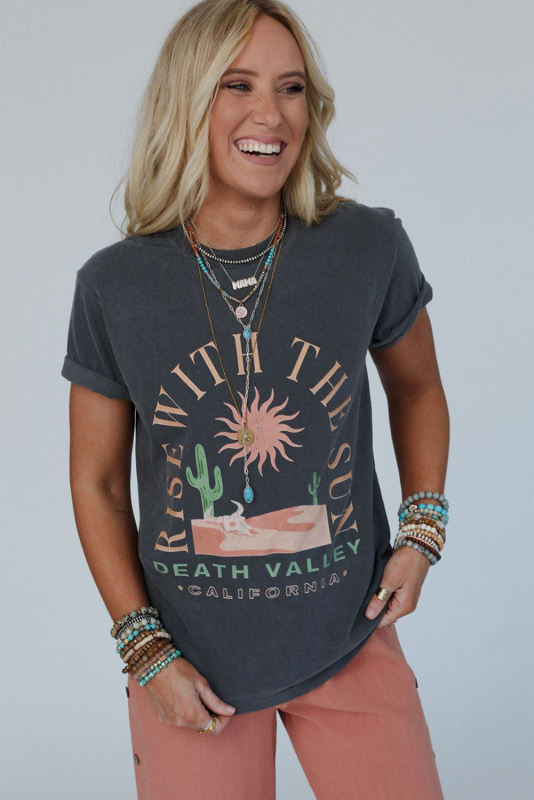 Dark Grey RISE WITH THE SUN Western Fashion Graphic Tee