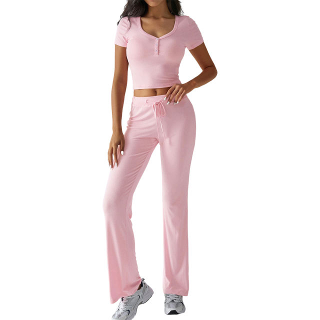 Pink Button U Neck Crop Top and Drawstring Pants Set