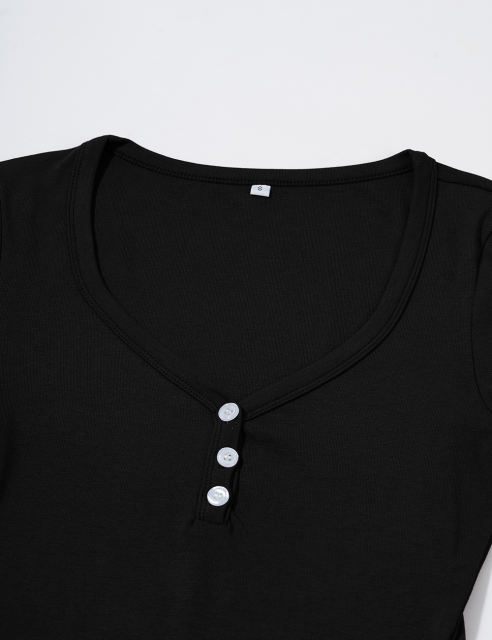 Black Button U Neck Crop Top and Drawstring Pants Set