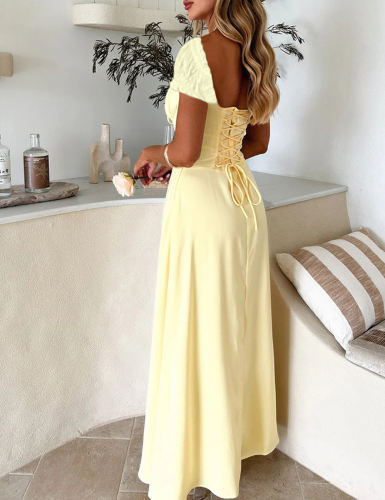 Light Yellow Solid Ruffled Detail Pleated Frenchy Maxi Dress