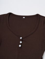 Brown Button U Neck Crop Top and Drawstring Pants Set