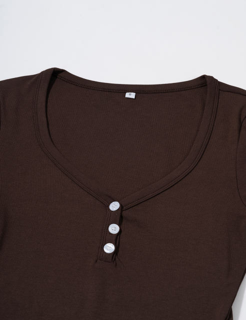 Brown Button U Neck Crop Top and Drawstring Pants Set
