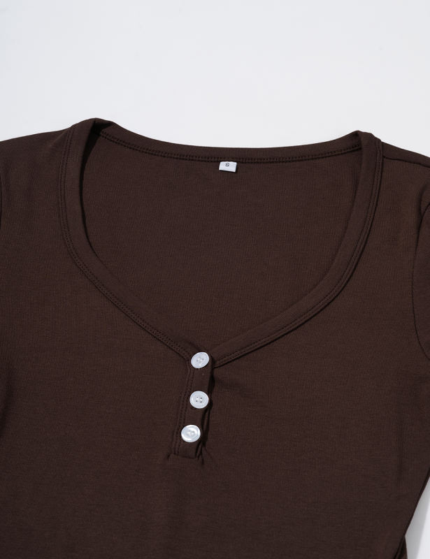Brown Button U Neck Crop Top and Drawstring Pants Set