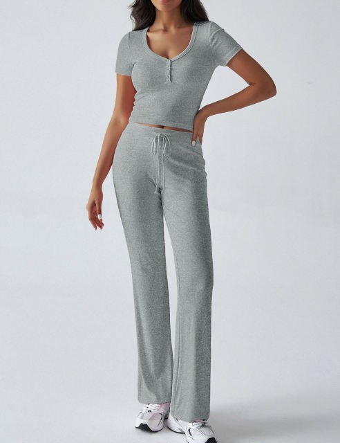 Grey Button U Neck Crop Top and Drawstring Pants Set