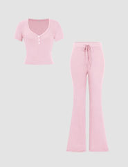 Pink Button U Neck Crop Top and Drawstring Pants Set