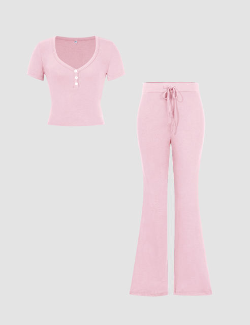 Pink Button U Neck Crop Top and Drawstring Pants Set