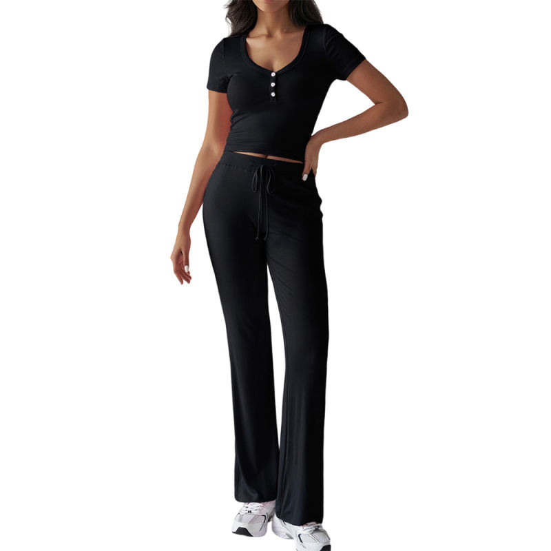 Black Button U Neck Crop Top and Drawstring Pants Set