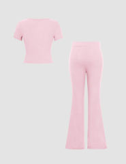 Pink Button U Neck Crop Top and Drawstring Pants Set
