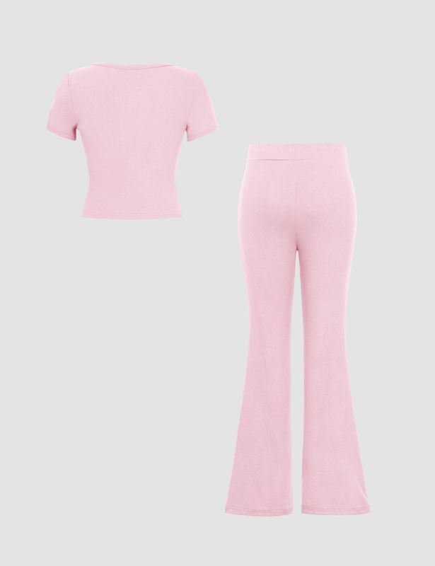 Pink Button U Neck Crop Top and Drawstring Pants Set
