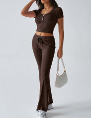 Brown Button U Neck Crop Top and Drawstring Pants Set