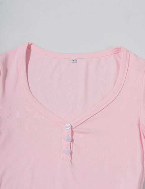 Pink Button U Neck Crop Top and Drawstring Pants Set