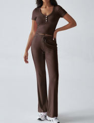Brown Button U Neck Crop Top and Drawstring Pants Set