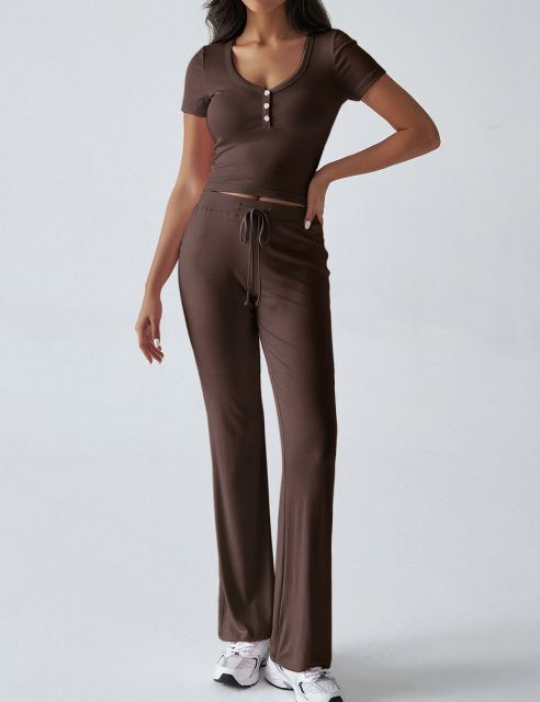 Brown Button U Neck Crop Top and Drawstring Pants Set