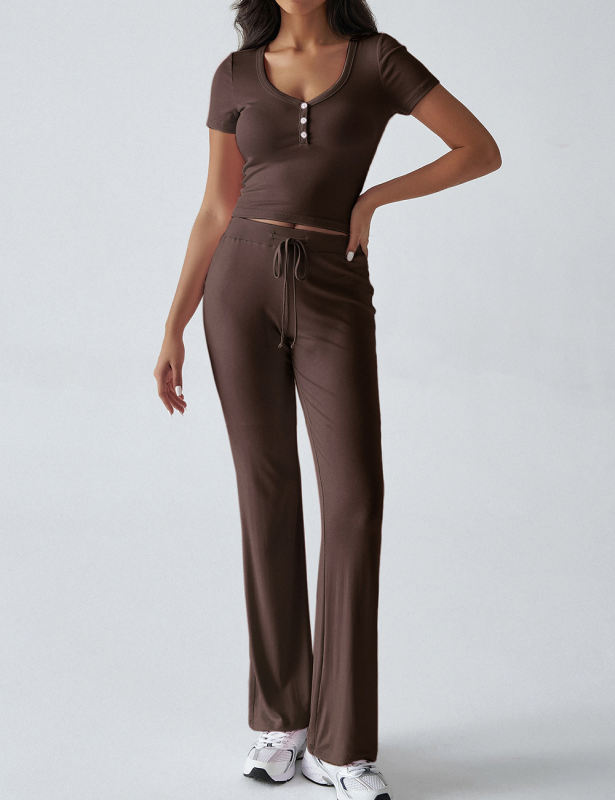 Brown Button U Neck Crop Top and Drawstring Pants Set