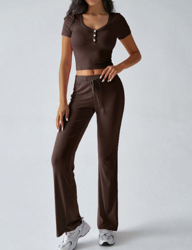 Brown Button U Neck Crop Top and Drawstring Pants Set