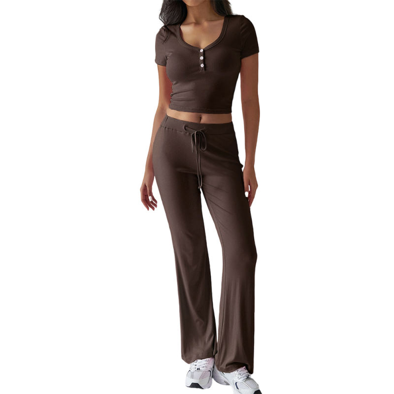 Brown Button U Neck Crop Top and Drawstring Pants Set