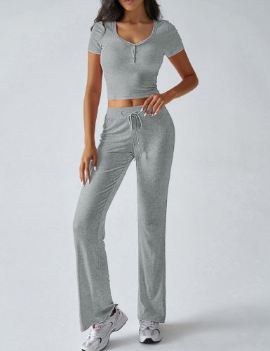 Grey Button U Neck Crop Top and Drawstring Pants Set