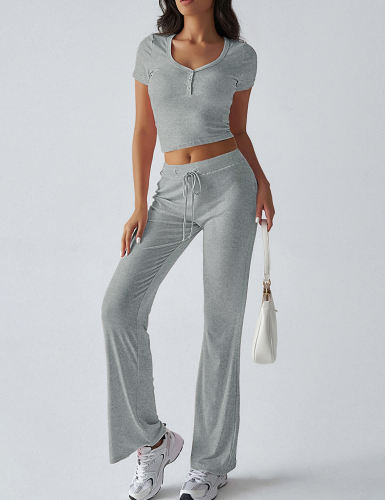 Grey Button U Neck Crop Top and Drawstring Pants Set