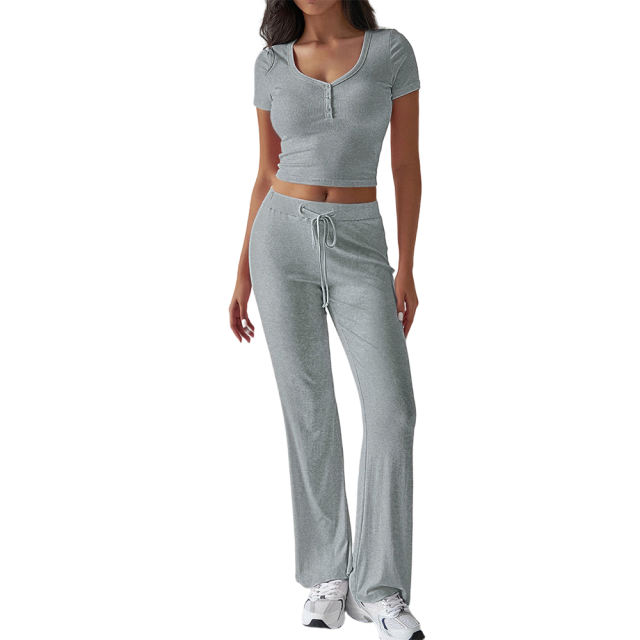Grey Button U Neck Crop Top and Drawstring Pants Set