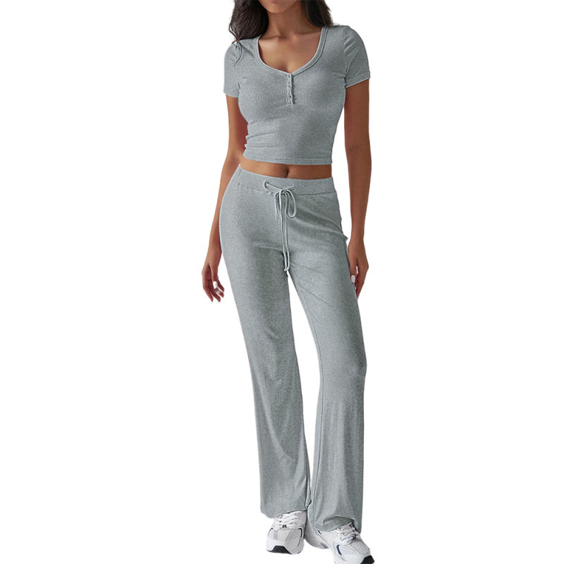 Grey Button U Neck Crop Top and Drawstring Pants Set