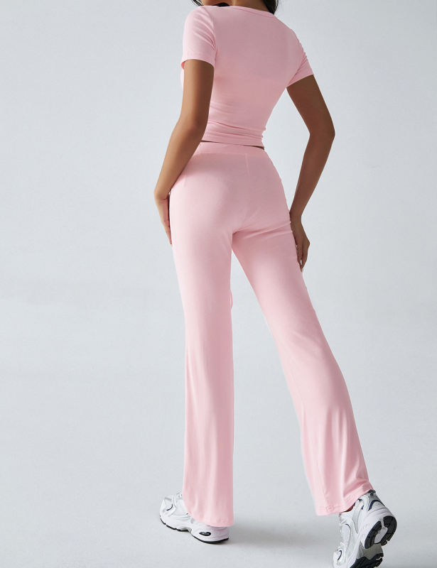 Pink Button U Neck Crop Top and Drawstring Pants Set