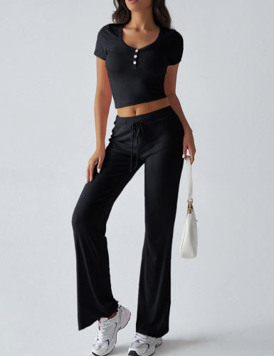 Black Button U Neck Crop Top and Drawstring Pants Set