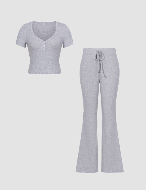 Grey Button U Neck Crop Top and Drawstring Pants Set