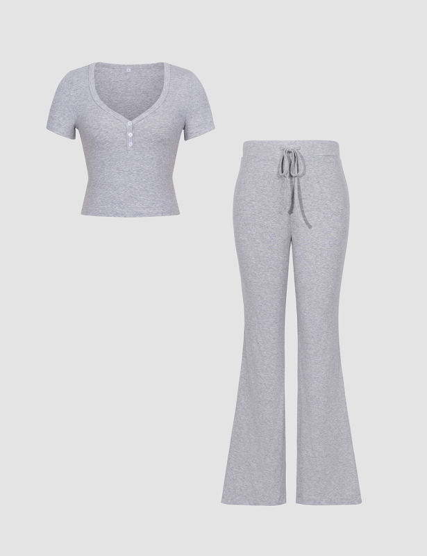 Grey Button U Neck Crop Top and Drawstring Pants Set
