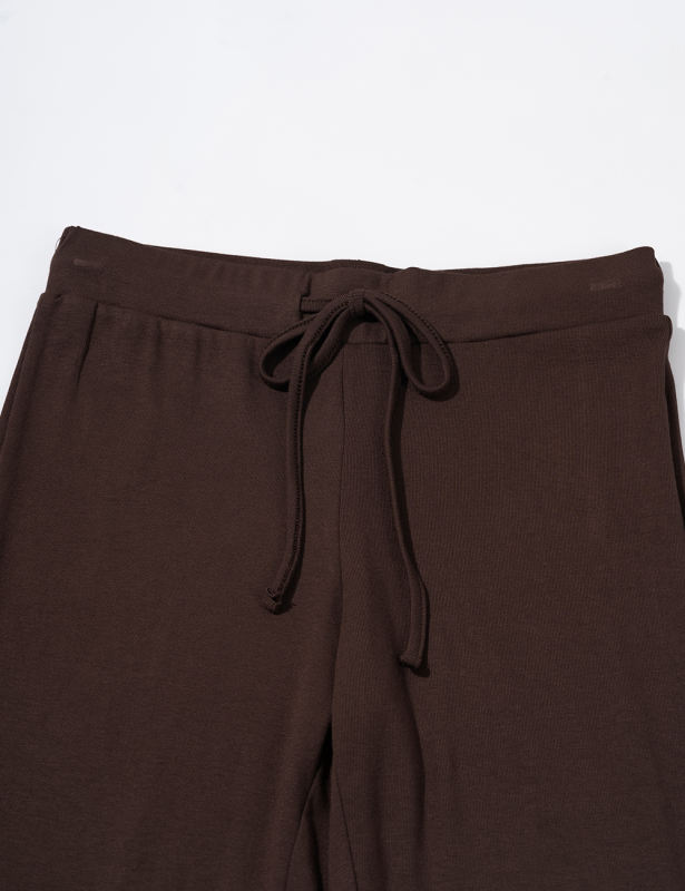 Brown Button U Neck Crop Top and Drawstring Pants Set