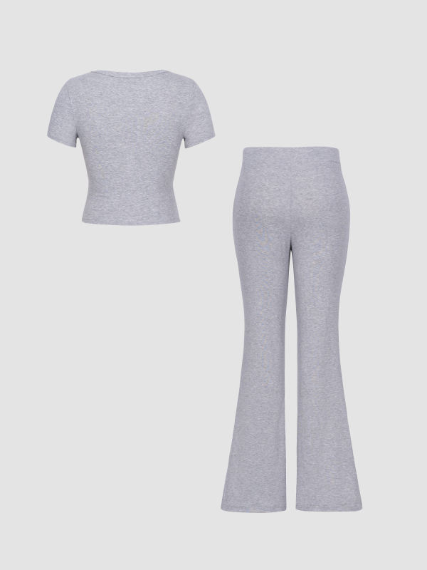 Grey Button U Neck Crop Top and Drawstring Pants Set