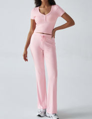 Pink Button U Neck Crop Top and Drawstring Pants Set